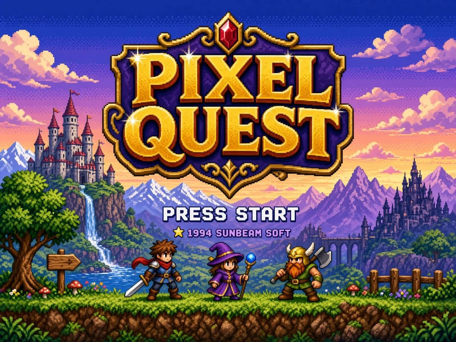 성과 모험가가 등장하는 레트로 픽셀 아트 RPG 타이틀 화면
