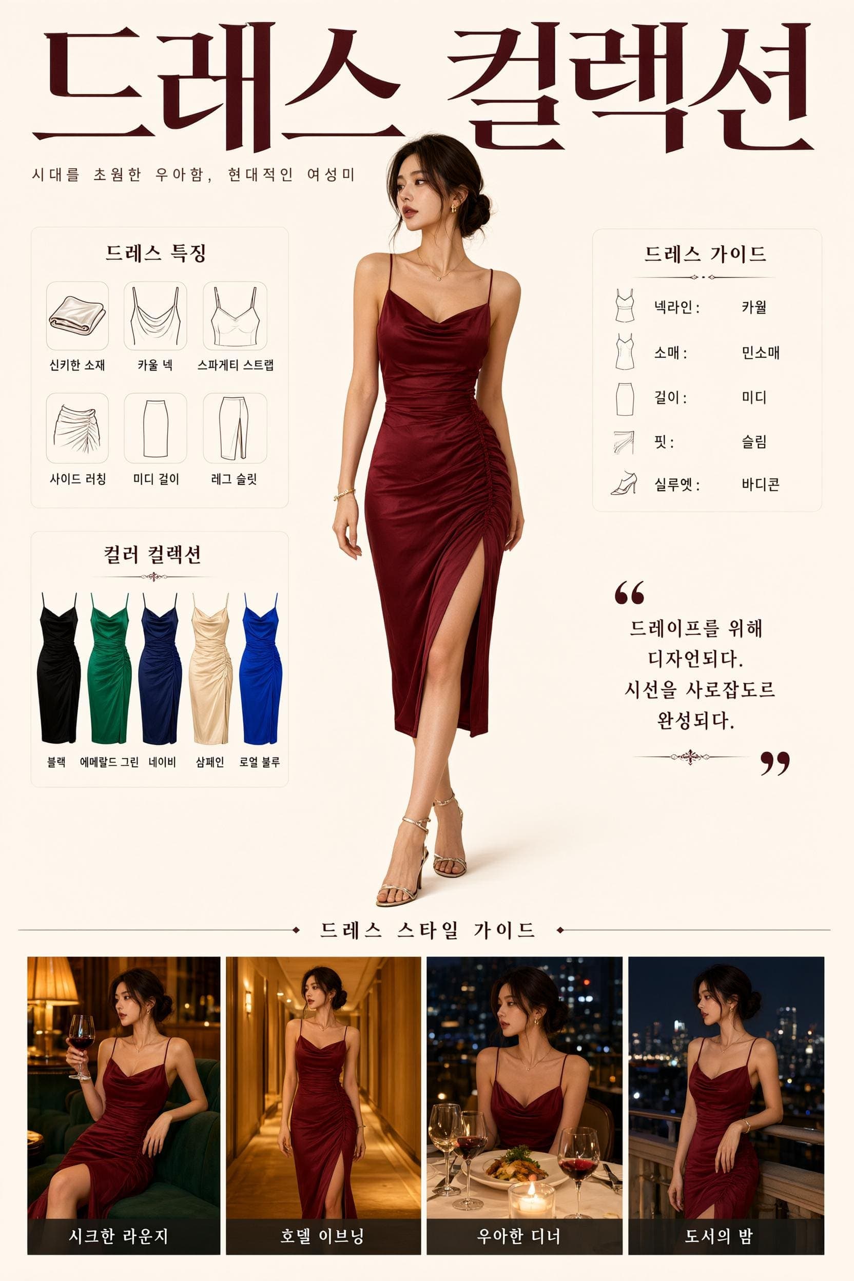 빨간 드레스를 입은 여성이 등장하는 한국 패션 컬렉션 인포그래픽